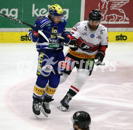 EBEL. Eishockey Bundesliga. EC VSV gegen BEMER Pioneers Vorarlberg. Benjamin Lanzinger,  (VSV),   Ivan Korecky (Vorarlberg). Villach, am 13.1.2024.
Foto: Kuess
www.qspictures.net
---
pressefotos, pressefotografie, kuess, qs, qspictures, sport, bild, bilder, bilddatenbank