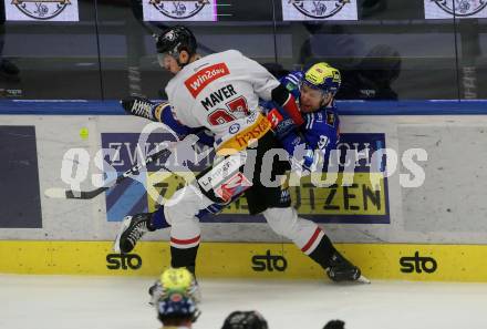 EBEL. Eishockey Bundesliga. EC VSV gegen BEMER Pioneers Vorarlberg. Mark Katic,  (VSV), Luka Maver   (Vorarlberg). Villach, am 13.1.2024.
Foto: Kuess
www.qspictures.net
---
pressefotos, pressefotografie, kuess, qs, qspictures, sport, bild, bilder, bilddatenbank