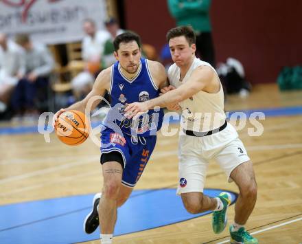 Basketball 2. Liga 2023/2024. Grunddurchgang 14. Runde.  KOS gegen Kufstein Towers.   Niklas Michel (KOS),   Aleix Pujadas (Kufstein Towers). Klagenfurt, am 13.1.2024.
Foto: Kuess
www.qspictures.net
---
pressefotos, pressefotografie, kuess, qs, qspictures, sport, bild, bilder, bilddatenbank