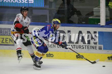 EBEL. Eishockey Bundesliga. EC VSV gegen BEMER Pioneers Vorarlberg. Mark Katic,  (VSV),  Daniel Woger  (Vorarlberg). Villach, am 13.1.2024.
Foto: Kuess
www.qspictures.net
---
pressefotos, pressefotografie, kuess, qs, qspictures, sport, bild, bilder, bilddatenbank