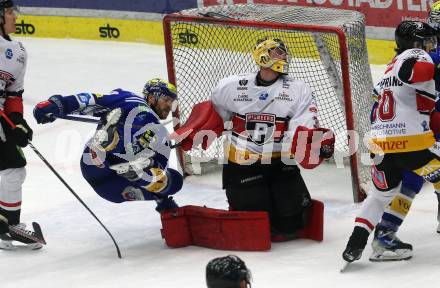 EBEL. Eishockey Bundesliga. EC VSV gegen BEMER Pioneers Vorarlberg.  Andrew Desjardins,  (VSV),   Alex Caffi (Vorarlberg). Villach, am 13.1.2024.
Foto: Kuess
www.qspictures.net
---
pressefotos, pressefotografie, kuess, qs, qspictures, sport, bild, bilder, bilddatenbank