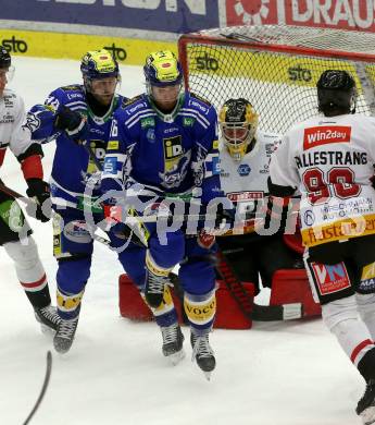 EBEL. Eishockey Bundesliga. EC VSV gegen BEMER Pioneers Vorarlberg. Kevin Hancock, Andrew Desjardins, (VSV),  Alex Caffi   (Vorarlberg). Villach, am 13.1.2024.
Foto: Kuess
www.qspictures.net
---
pressefotos, pressefotografie, kuess, qs, qspictures, sport, bild, bilder, bilddatenbank