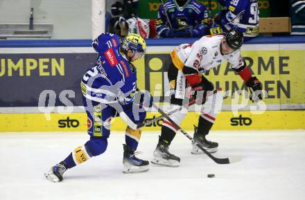 EBEL. Eishockey Bundesliga. EC VSV gegen BEMER Pioneers Vorarlberg. Dylan Macpherson,  (VSV), Guus Van Nes   (Vorarlberg). Villach, am 13.1.2024.
Foto: Kuess
www.qspictures.net
---
pressefotos, pressefotografie, kuess, qs, qspictures, sport, bild, bilder, bilddatenbank