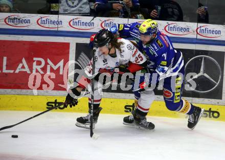 EBEL. Eishockey Bundesliga. EC VSV gegen BEMER Pioneers Vorarlberg. Layne Viveiros,  (VSV),  Julian Metzler  (Vorarlberg). Villach, am 13.1.2024.
Foto: Kuess
www.qspictures.net
---
pressefotos, pressefotografie, kuess, qs, qspictures, sport, bild, bilder, bilddatenbank