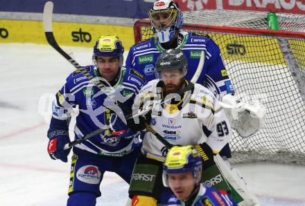 EBEL. Eishockey Bundesliga. EC VSV gegen HC Pustertal Woelfe.  Layne Viveiros,   (VSV),   David Morley  (Pustertal). Villach, am 19.1.2024.
Foto: Kuess
www.qspictures.net
---
pressefotos, pressefotografie, kuess, qs, qspictures, sport, bild, bilder, bilddatenbank