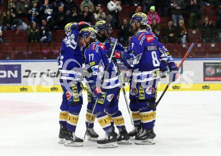 EBEL. Eishockey Bundesliga. EC VSV gegen HC Pustertal Woelfe.  Torjubel Alex Wall, Andrew Desjardins, Philipp Lindner, John Hughes, Maximilian Rebernig   (VSV). Villach, am 19.1.2024.
Foto: Kuess
www.qspictures.net
---
pressefotos, pressefotografie, kuess, qs, qspictures, sport, bild, bilder, bilddatenbank