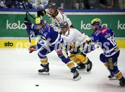 EBEL. Eishockey Bundesliga. EC VSV gegen HC Pustertal Woelfe.   Benjamin Lanzinger, Kevin Hancock,  (VSV),  Christian Johansen Kasastul   (Pustertal). Villach, am 19.1.2024.
Foto: Kuess
www.qspictures.net
---
pressefotos, pressefotografie, kuess, qs, qspictures, sport, bild, bilder, bilddatenbank