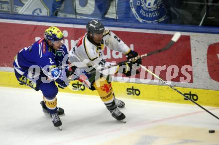 EBEL. Eishockey Bundesliga. EC VSV gegen HC Pustertal Woelfe.   Dylan Macpherson,  (VSV),  Arvin Atwal   (Pustertal). Villach, am 19.1.2024.
Foto: Kuess
www.qspictures.net
---
pressefotos, pressefotografie, kuess, qs, qspictures, sport, bild, bilder, bilddatenbank