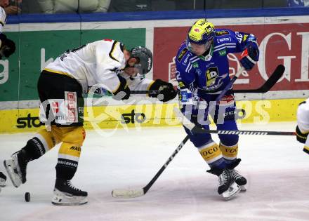 EBEL. Eishockey Bundesliga. EC VSV gegen HC Pustertal Woelfe.  Benjamin Lanzinger,    (VSV),   Christian Johansen Kasastul (Pustertal). Villach, am 19.1.2024.
Foto: Kuess
www.qspictures.net
---
pressefotos, pressefotografie, kuess, qs, qspictures, sport, bild, bilder, bilddatenbank