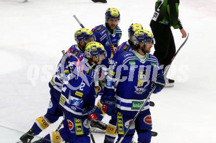 EBEL. Eishockey Bundesliga. EC VSV gegen HC Pustertal Woelfe.   Torjubel Mark Katic, Dylan Macpherson, Maximilian Rebernog, Andrew Desjardins, John Hughers  (VSV). Villach, am 19.1.2024.
Foto: Kuess
www.qspictures.net
---
pressefotos, pressefotografie, kuess, qs, qspictures, sport, bild, bilder, bilddatenbank