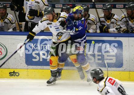 EBEL. Eishockey Bundesliga. EC VSV gegen HC Pustertal Woelfe.   Kevin Hancock, (VSV),    Daniel Glira   (Pustertal). Villach, am 19.1.2024.
Foto: Kuess
www.qspictures.net
---
pressefotos, pressefotografie, kuess, qs, qspictures, sport, bild, bilder, bilddatenbank