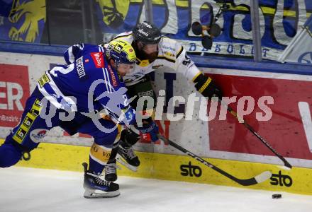 EBEL. Eishockey Bundesliga. EC VSV gegen HC Pustertal Woelfe.   Dylan Macpherson,   (VSV),    David Morley (Pustertal). Villach, am 19.1.2024.
Foto: Kuess
www.qspictures.net
---
pressefotos, pressefotografie, kuess, qs, qspictures, sport, bild, bilder, bilddatenbank