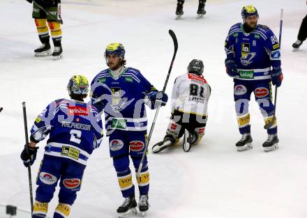 EBEL. Eishockey Bundesliga. EC VSV gegen HC Pustertal Woelfe.   Torjubel Dylan Macpherson, Maximilian Rebernog, Andrew Desjardins  (VSV). Villach, am 19.1.2024.
Foto: Kuess
www.qspictures.net
---
pressefotos, pressefotografie, kuess, qs, qspictures, sport, bild, bilder, bilddatenbank