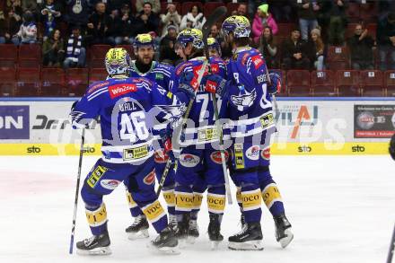 EBEL. Eishockey Bundesliga. EC VSV gegen HC Pustertal Woelfe.   Torjubel Alex Wall, Andrew Desjardins, Philipp Lindner, John Hughes, Maximilian Rebernig  (VSV). Villach, am 19.1.2024.
Foto: Kuess
www.qspictures.net
---
pressefotos, pressefotografie, kuess, qs, qspictures, sport, bild, bilder, bilddatenbank