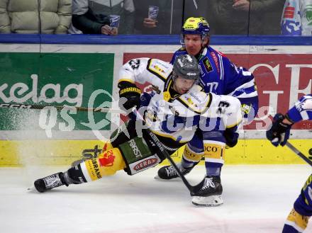 EBEL. Eishockey Bundesliga. EC VSV gegen HC Pustertal Woelfe.   Philipp Lindner,  (VSV),  Richard John Schofield   (Pustertal). Villach, am 19.1.2024.
Foto: Kuess
www.qspictures.net
---
pressefotos, pressefotografie, kuess, qs, qspictures, sport, bild, bilder, bilddatenbank