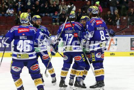 EBEL. Eishockey Bundesliga. EC VSV gegen HC Pustertal Woelfe.   Torjubel Alex Wall, Andrew Desjardins, Philipp Lindner, John Hughes, Maximilian Rebernig  (VSV). Villach, am 19.1.2024.
Foto: Kuess
www.qspictures.net
---
pressefotos, pressefotografie, kuess, qs, qspictures, sport, bild, bilder, bilddatenbank