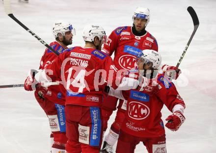 EBEL. Eishockey Bundesliga. EC KAC gegen Asiago Hockey.   Torjubel Steven Strong, Paul Postma, Thomas Hundertpfund, Johannes Bischofberger  (KAC).  Klagenfurt, am 23.1.2024.
Foto: Kuess
www.qspictures.net
---
pressefotos, pressefotografie, kuess, qs, qspictures, sport, bild, bilder, bilddatenbank