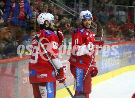 EBEL. Eishockey Bundesliga. EC KAC gegen Asiago Hockey.  Torjubel Raphael Herburger, Lukas Haudum   (KAC).  Klagenfurt, am 23.1.2024.
Foto: Kuess
www.qspictures.net
---
pressefotos, pressefotografie, kuess, qs, qspictures, sport, bild, bilder, bilddatenbank