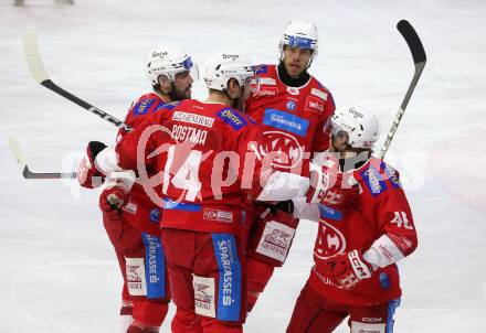 EBEL. Eishockey Bundesliga. EC KAC gegen Asiago Hockey.    Torjubel Steven Strong, Paul Postma, Thomas Hundertpfund, Johannes Bischofberger (KAC).  Klagenfurt, am 23.1.2024.
Foto: Kuess
www.qspictures.net
---
pressefotos, pressefotografie, kuess, qs, qspictures, sport, bild, bilder, bilddatenbank