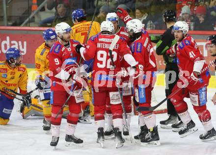 EBEL. Eishockey Bundesliga. EC KAC gegen Asiago Hockey.    Torjubel Clemens Unterweger, Nicholas Eric Petersaen, Jan Mursak, Jesper Jensen Aabo, Manuel Ganahl (KAC).  Klagenfurt, am 23.1.2024.
Foto: Kuess
www.qspictures.net
---
pressefotos, pressefotografie, kuess, qs, qspictures, sport, bild, bilder, bilddatenbank