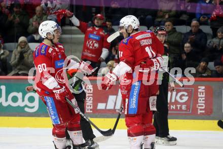 EBEL. Eishockey Bundesliga. EC KAC gegen Asiago Hockey.   Torjubel Nikolaus Kraus, Lukas Haudum  (KAC).  Klagenfurt, am 23.1.2024.
Foto: Kuess
www.qspictures.net
---
pressefotos, pressefotografie, kuess, qs, qspictures, sport, bild, bilder, bilddatenbank