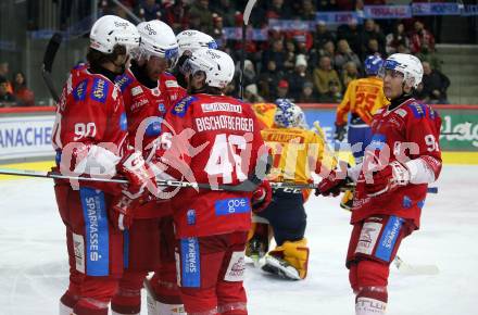 EBEL. Eishockey Bundesliga. EC KAC gegen Asiago Hockey.   Torjubel Matthew Fraser, Thomas Hundertpfund, Johannes Bischofberger, Clemens Unterweger  (KAC).  Klagenfurt, am 23.1.2024.
Foto: Kuess
www.qspictures.net
---
pressefotos, pressefotografie, kuess, qs, qspictures, sport, bild, bilder, bilddatenbank