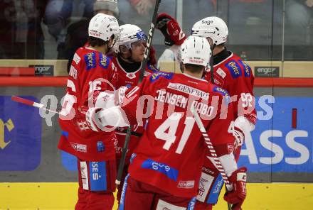 EBEL. Eishockey Bundesliga. EC KAC gegen Asiago Hockey.   Torjubel Simeon Schwinger, JesperJensen Aabo, Johannes Bischofberger, Clemens Unterweger  (KAC).  Klagenfurt, am 23.1.2024.
Foto: Kuess
www.qspictures.net
---
pressefotos, pressefotografie, kuess, qs, qspictures, sport, bild, bilder, bilddatenbank