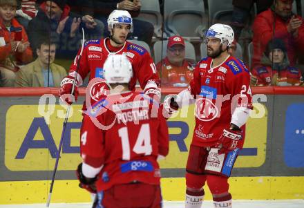 EBEL. Eishockey Bundesliga. EC KAC gegen Asiago Hockey.   Torjubel Lukas Haudum, Steven Strong, Paul Postma  (KAC).  Klagenfurt, am 23.1.2024.
Foto: Kuess
www.qspictures.net
---
pressefotos, pressefotografie, kuess, qs, qspictures, sport, bild, bilder, bilddatenbank