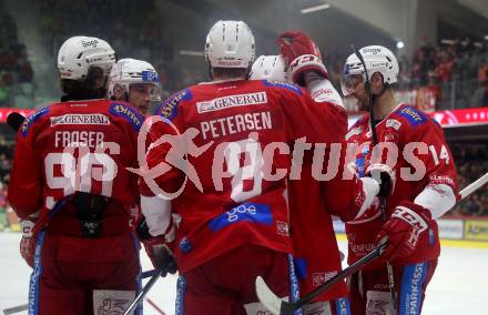 EBEL. Eishockey Bundesliga. EC KAC gegen Asiago Hockey.    Torjubel Lukas Haudum, Paul Postma, Nicholas Eric Petersen, Matthew Fraser (KAC).  Klagenfurt, am 23.1.2024.
Foto: Kuess
www.qspictures.net
---
pressefotos, pressefotografie, kuess, qs, qspictures, sport, bild, bilder, bilddatenbank