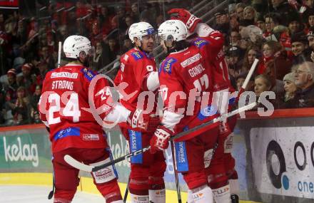 EBEL. Eishockey Bundesliga. EC KAC gegen Asiago Hockey.   Torjubel Paul Postma, Manuel Ganahl, Steven Strong, Nicholas Eric Petersen  (KAC).  Klagenfurt, am 23.1.2024.
Foto: Kuess
www.qspictures.net
---
pressefotos, pressefotografie, kuess, qs, qspictures, sport, bild, bilder, bilddatenbank