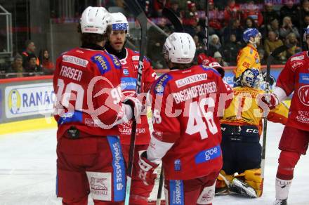 EBEL. Eishockey Bundesliga. EC KAC gegen Asiago Hockey.   Torjubel Matthew Fraser, Thomas Hundertpfund, Johannes Bischofberger  (KAC).  Klagenfurt, am 23.1.2024.
Foto: Kuess
www.qspictures.net
---
pressefotos, pressefotografie, kuess, qs, qspictures, sport, bild, bilder, bilddatenbank