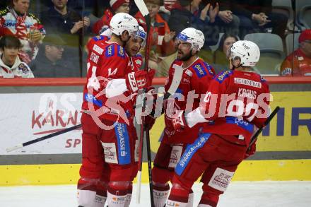 EBEL. Eishockey Bundesliga. EC KAC gegen Asiago Hockey.   Torjubel Lukas Haudum, Steven Strong, Paul Postma, Nikolaus Kraus  (KAC).  Klagenfurt, am 23.1.2024.
Foto: Kuess
www.qspictures.net
---
pressefotos, pressefotografie, kuess, qs, qspictures, sport, bild, bilder, bilddatenbank