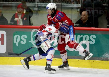 EBEL. Eishockey Bundesliga. EC KAC gegen HC TIWAG Innsbruck.  Matthew Fraser,  (KAC), Nathanael Halbert  (Innsbruck).  Klagenfurt, am 26.1.2024.
Foto: Kuess
www.qspictures.net
---
pressefotos, pressefotografie, kuess, qs, qspictures, sport, bild, bilder, bilddatenbank