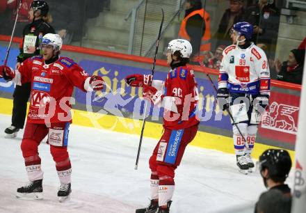 EBEL. Eishockey Bundesliga. EC KAC gegen HC TIWAG Innsbruck.  Torjubel Johannes Bischofberger, Matthew Fraser (KAC). Klagenfurt, am 26.1.2024.
Foto: Kuess
www.qspictures.net
---
pressefotos, pressefotografie, kuess, qs, qspictures, sport, bild, bilder, bilddatenbank