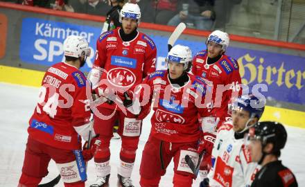 EBEL. Eishockey Bundesliga. EC KAC gegen HC TIWAG Innsbruck. Torjubel Steven Strong, Thomas Hundertpfund, Johannes Bischofberger, Matthew Fraser  (KAC). Klagenfurt, am 26.1.2024.
Foto: Kuess
www.qspictures.net
---
pressefotos, pressefotografie, kuess, qs, qspictures, sport, bild, bilder, bilddatenbank