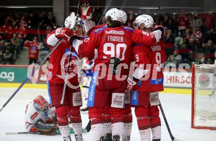 EBEL. Eishockey Bundesliga. EC KAC gegen HC TIWAG Innsbruck.  Torjubel Matthew Fraser, Nicholas Eric Petersen, Jan Mursak, Lukas Haudum (KAC). Klagenfurt, am 26.1.2024.
Foto: Kuess
www.qspictures.net
---
pressefotos, pressefotografie, kuess, qs, qspictures, sport, bild, bilder, bilddatenbank