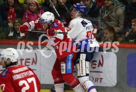 EBEL. Eishockey Bundesliga. EC KAC gegen HC TIWAG Innsbruck.  Johannes Bischofberger,  (KAC), Senna Peeters  (Innsbruck).  Klagenfurt, am 26.1.2024.
Foto: Kuess
www.qspictures.net
---
pressefotos, pressefotografie, kuess, qs, qspictures, sport, bild, bilder, bilddatenbank