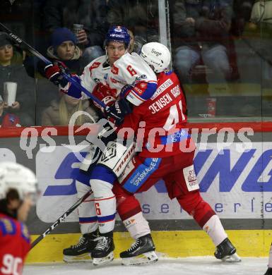 EBEL. Eishockey Bundesliga. EC KAC gegen HC TIWAG Innsbruck.  Jesper Jensen Aabo,  (KAC), Nicholas Paul Albano  (Innsbruck).  Klagenfurt, am 26.1.2024.
Foto: Kuess
www.qspictures.net
---
pressefotos, pressefotografie, kuess, qs, qspictures, sport, bild, bilder, bilddatenbank