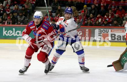 EBEL. Eishockey Bundesliga. EC KAC gegen HC TIWAG Innsbruck.  Matthew Fraser, (KAC), Martin Ulmer   (Innsbruck).  Klagenfurt, am 26.1.2024.
Foto: Kuess
www.qspictures.net
---
pressefotos, pressefotografie, kuess, qs, qspictures, sport, bild, bilder, bilddatenbank