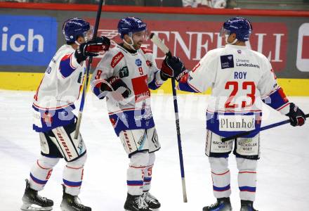 EBEL. Eishockey Bundesliga. EC KAC gegen HC TIWAG Innsbruck.  Torjubel Gordon Green, Kevin Roy  (Innsbruck).  Klagenfurt, am 26.1.2024.
Foto: Kuess
www.qspictures.net
---
pressefotos, pressefotografie, kuess, qs, qspictures, sport, bild, bilder, bilddatenbank