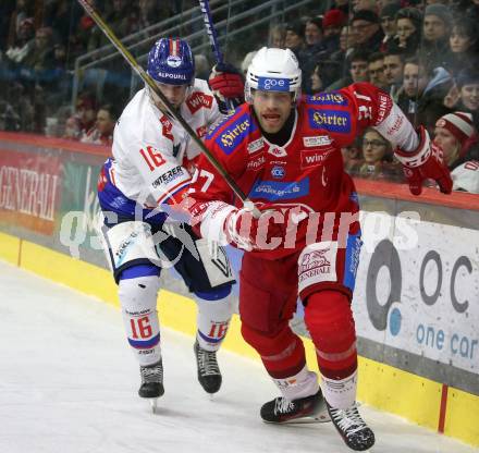 EBEL. Eishockey Bundesliga. EC KAC gegen HC TIWAG Innsbruck.  Thomas Hundertpfund,,  (KAC),  Kele Steffler (Innsbruck).  Klagenfurt, am 26.1.2024.
Foto: Kuess
www.qspictures.net
---
pressefotos, pressefotografie, kuess, qs, qspictures, sport, bild, bilder, bilddatenbank