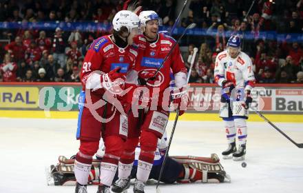 EBEL. Eishockey Bundesliga. EC KAC gegen HC TIWAG Innsbruck. Torjubel Matthew Fraser, Nicholas Eric Petersen  (KAC). Klagenfurt, am 26.1.2024.
Foto: Kuess
www.qspictures.net
---
pressefotos, pressefotografie, kuess, qs, qspictures, sport, bild, bilder, bilddatenbank