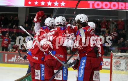 EBEL. Eishockey Bundesliga. EC KAC gegen HC TIWAG Innsbruck. Torjubel Matthew Fraser, Nicholas Eric Petersen, Jan Mursak, Lukas Haudum (KAC). Klagenfurt, am 26.1.2024.
Foto: Kuess
www.qspictures.net
---
pressefotos, pressefotografie, kuess, qs, qspictures, sport, bild, bilder, bilddatenbank