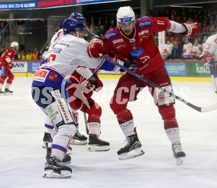 EBEL. Eishockey Bundesliga. EC KAC gegen HC TIWAG Innsbruck.  Lukas Haudum, (KAC),   Daniel Jakubitzka  (Innsbruck).  Klagenfurt, am 26.1.2024.
Foto: Kuess
www.qspictures.net
---
pressefotos, pressefotografie, kuess, qs, qspictures, sport, bild, bilder, bilddatenbank