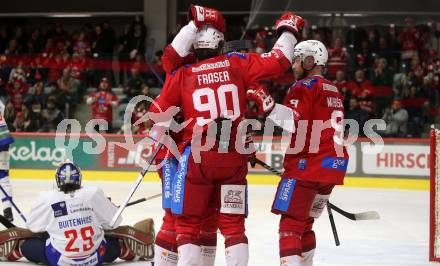 EBEL. Eishockey Bundesliga. EC KAC gegen HC TIWAG Innsbruck.  Torjubel Matthew Fraser, Nicholas Eric Petersen, Jan Mursak (KAC). Klagenfurt, am 26.1.2024.
Foto: Kuess
www.qspictures.net
---
pressefotos, pressefotografie, kuess, qs, qspictures, sport, bild, bilder, bilddatenbank