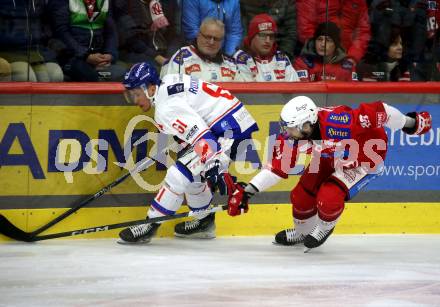 EBEL. Eishockey Bundesliga. EC KAC gegen HC TIWAG Innsbruck.  Raphael Herburger,  (KAC), Adam Rockwood  (Innsbruck).  Klagenfurt, am 26.1.2024.
Foto: Kuess
www.qspictures.net
---
pressefotos, pressefotografie, kuess, qs, qspictures, sport, bild, bilder, bilddatenbank