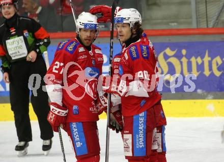 EBEL. Eishockey Bundesliga. EC KAC gegen HC TIWAG Innsbruck.  Torjubel Thomas Hundertpfund, Johannes Bischofberger, Matthew Fraser (KAC). Klagenfurt, am 26.1.2024.
Foto: Kuess
www.qspictures.net
---
pressefotos, pressefotografie, kuess, qs, qspictures, sport, bild, bilder, bilddatenbank