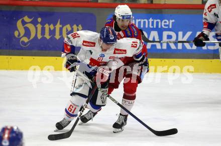 EBEL. Eishockey Bundesliga. EC KAC gegen HC TIWAG Innsbruck.  Matthew Fraser, (KAC),  Adam Rockwood  (Innsbruck).  Klagenfurt, am 26.1.2024.
Foto: Kuess
www.qspictures.net
---
pressefotos, pressefotografie, kuess, qs, qspictures, sport, bild, bilder, bilddatenbank