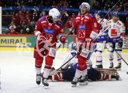 EBEL. Eishockey Bundesliga. EC KAC gegen HC TIWAG Innsbruck.  Torjubel Matthew Fraser, Nicholas Eric Petersen (KAC). Klagenfurt, am 26.1.2024.
Foto: Kuess
www.qspictures.net
---
pressefotos, pressefotografie, kuess, qs, qspictures, sport, bild, bilder, bilddatenbank