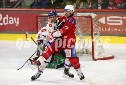 EBEL. Eishockey Bundesliga. EC KAC gegen HC TIWAG Innsbruck.  Thomas Hundertpfund,  (KAC), Anders Krogsgaard  (Innsbruck).  Klagenfurt, am 26.1.2024.
Foto: Kuess
www.qspictures.net
---
pressefotos, pressefotografie, kuess, qs, qspictures, sport, bild, bilder, bilddatenbank